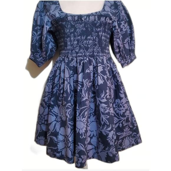 NWOT Free People Delilah blue floral puff smocked backless Mini Dress size S - Picture 1 of 6